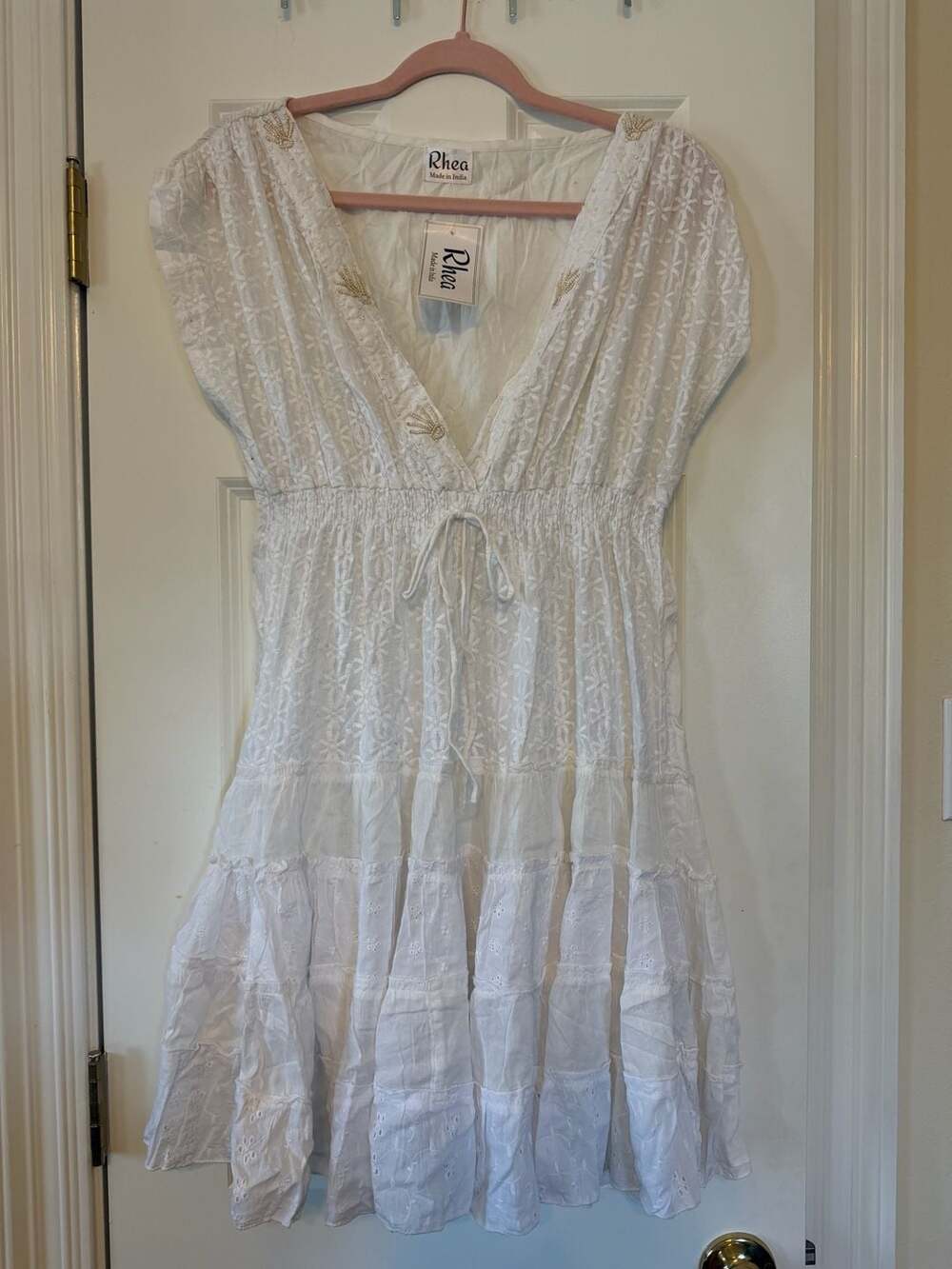 Rhea Schiffly V-Neck Dress One Size White 100% Cotton Tiered Mini Dress
